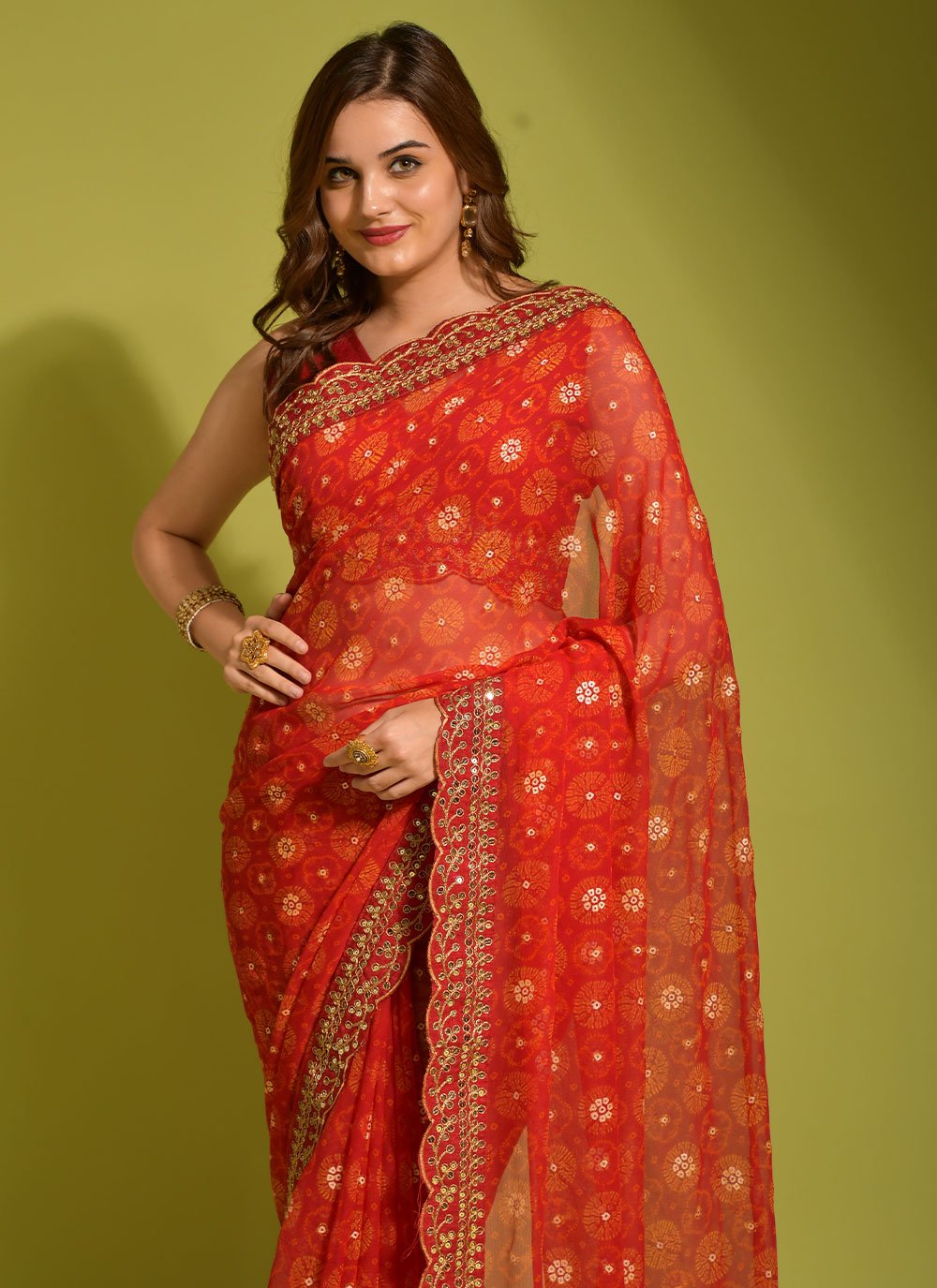 Classic Chiffon Georgette Red Embroidered Saree