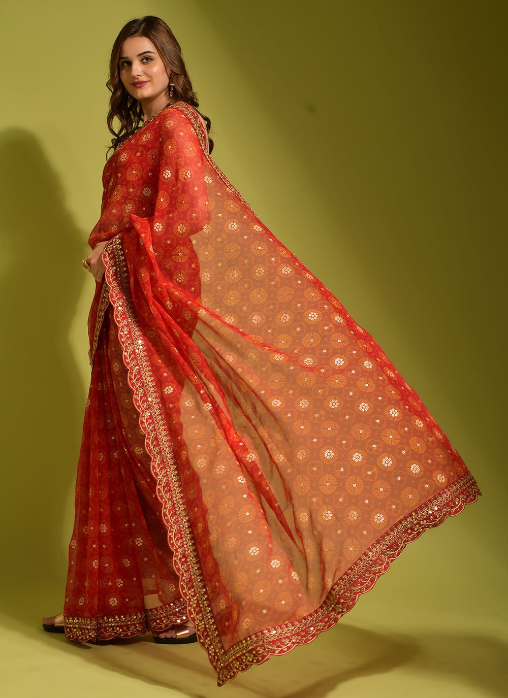 Classic Chiffon Georgette Red Embroidered Saree