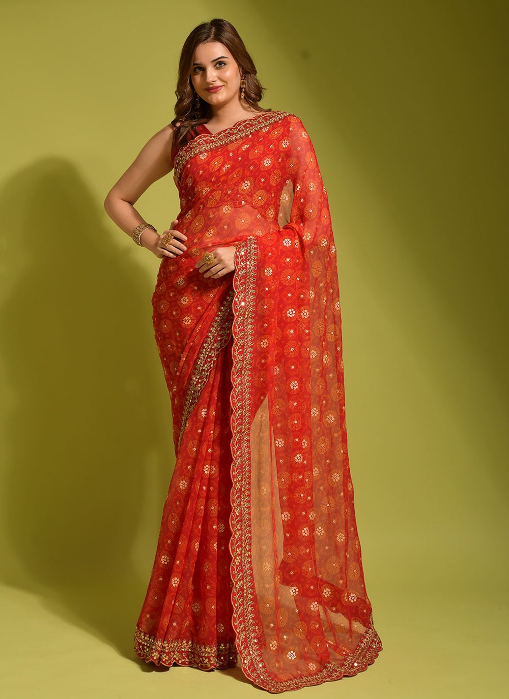 Classic Chiffon Georgette Red Embroidered Saree