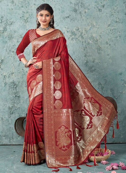 Traditional Saree Banarasi Silk Red Foil Print Saree