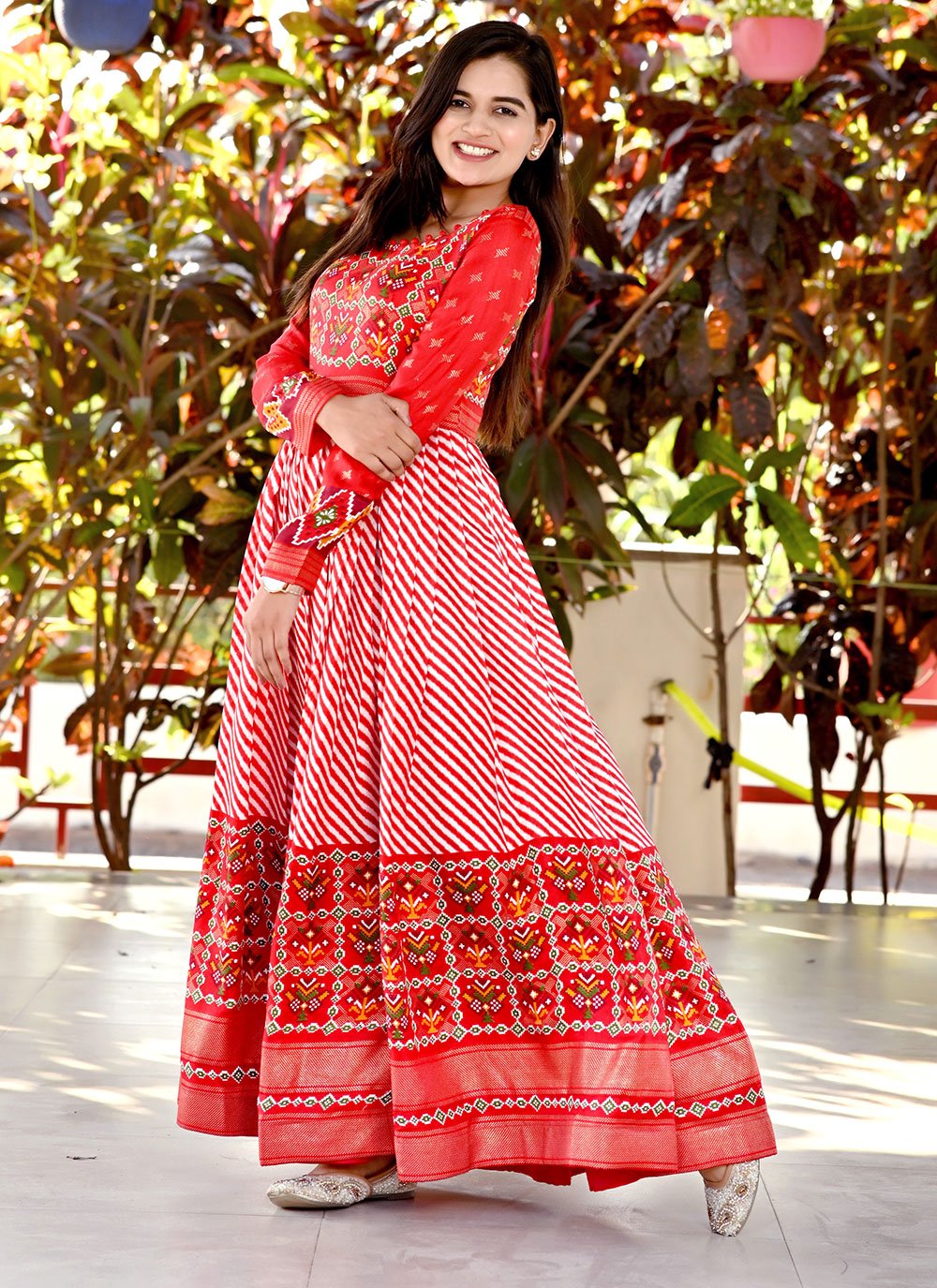 Designer Gown Pashnima Silk Red Foil Print Gown