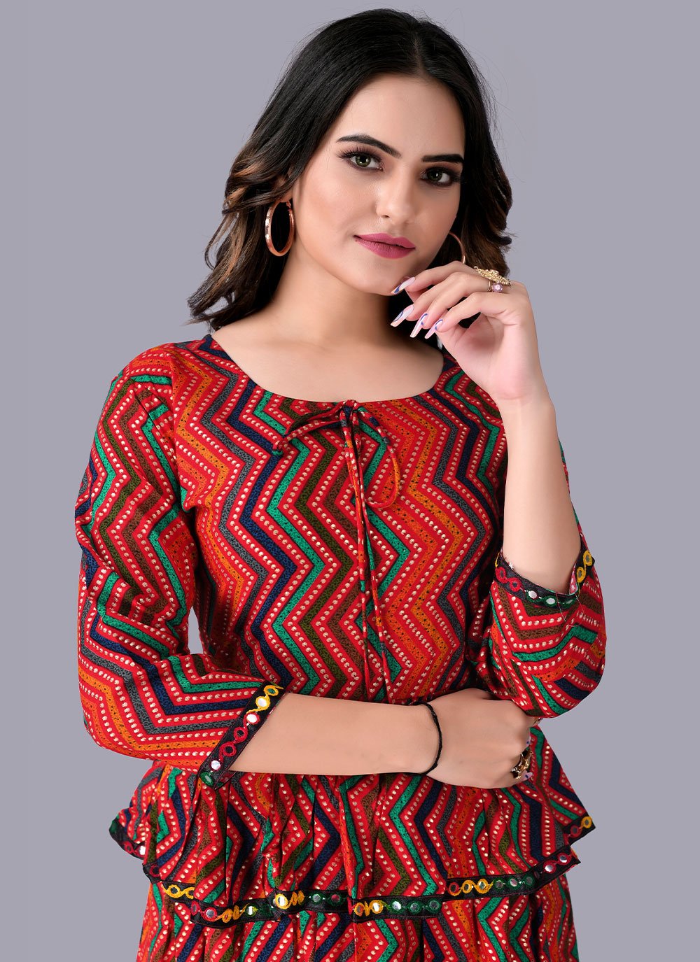 Party Wear Kurti Rayon Red Foil Print Kurtis