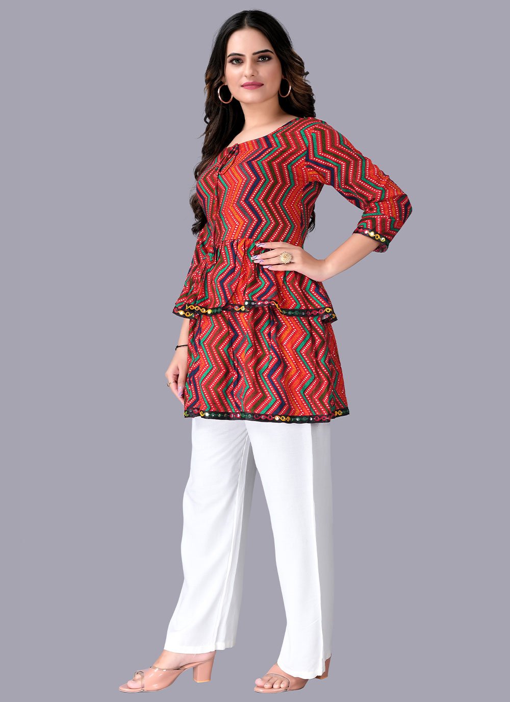 Party Wear Kurti Rayon Red Foil Print Kurtis