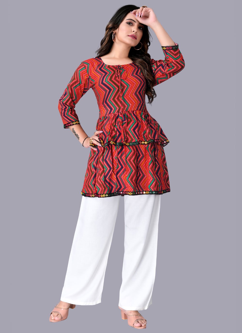 Party Wear Kurti Rayon Red Foil Print Kurtis