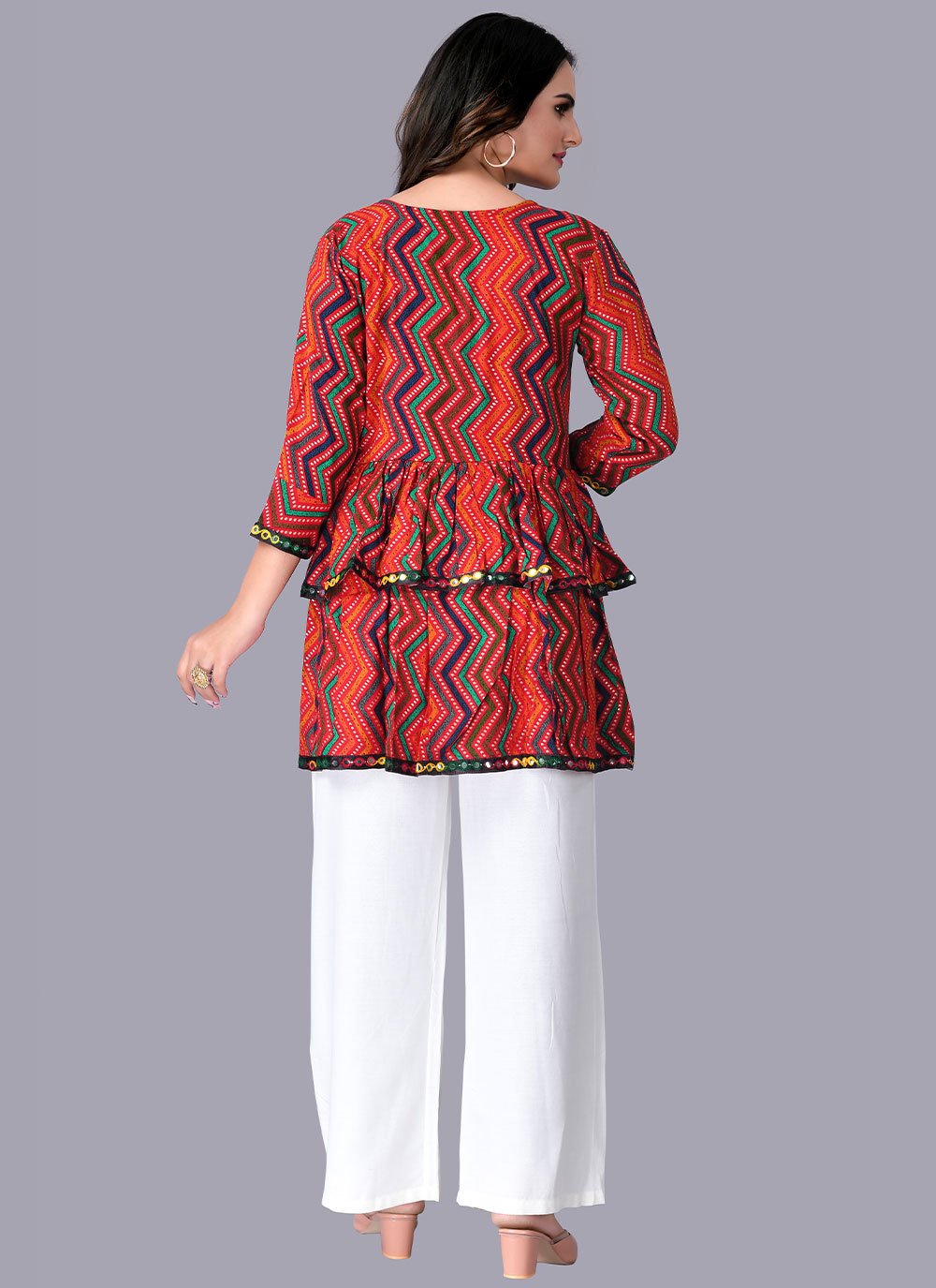 Party Wear Kurti Rayon Red Foil Print Kurtis