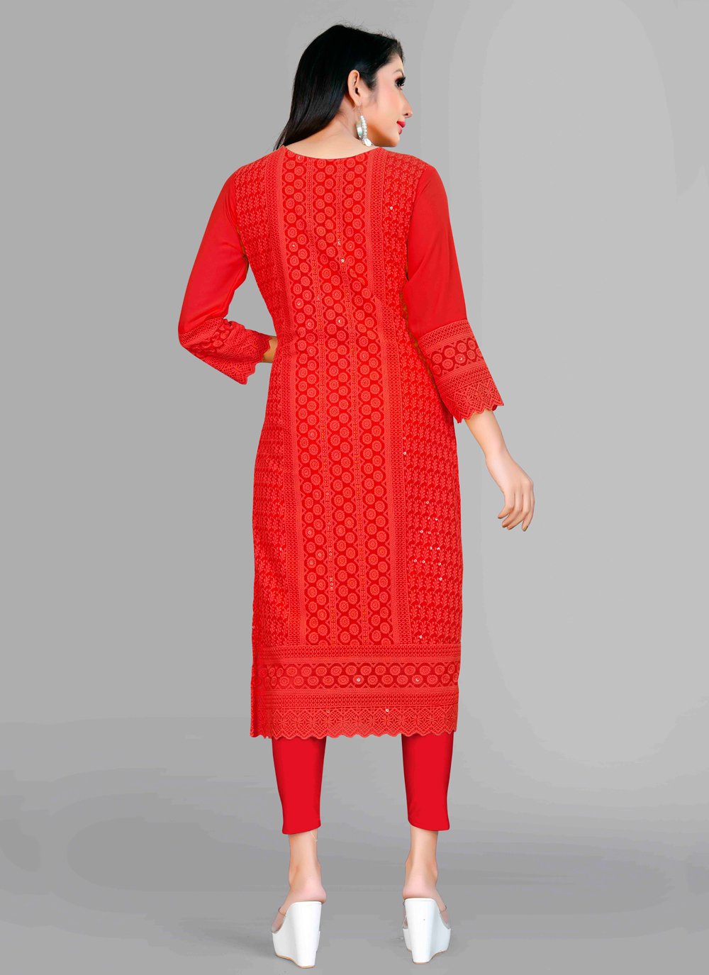 Designer Kurti Chiffon Georgette Red Embroidered Kurtis