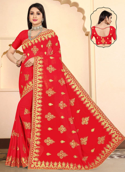 Designer Georgette Red Embroidered Saree