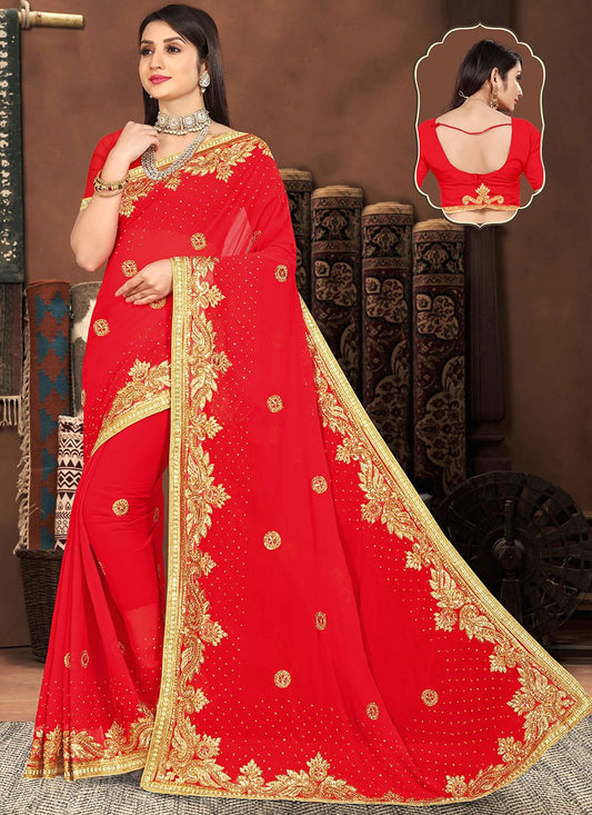 Contemporary Georgette Red Embroidered Saree