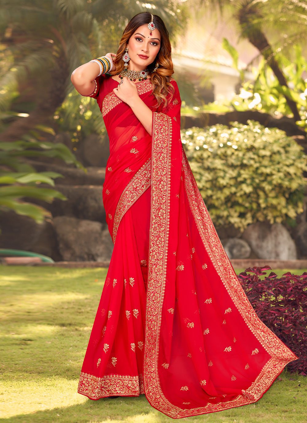 Classic Georgette Red Embroidered Saree