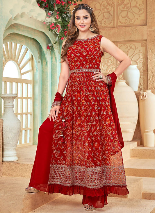 Floor Lenght Salwar Suit Georgette Red Print Salwar Kameez