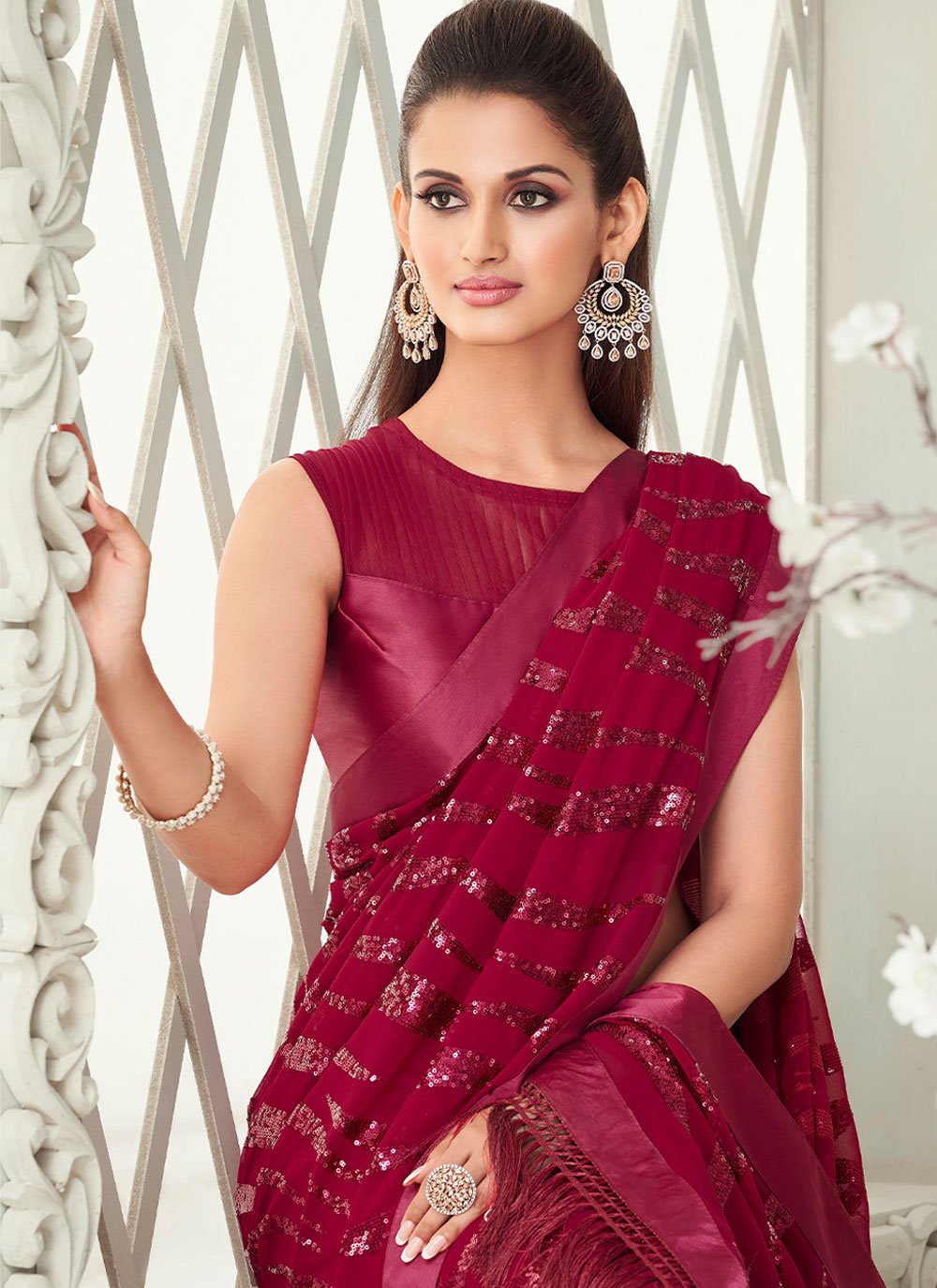 Contemporary Georgette Red Fancy Work Saree