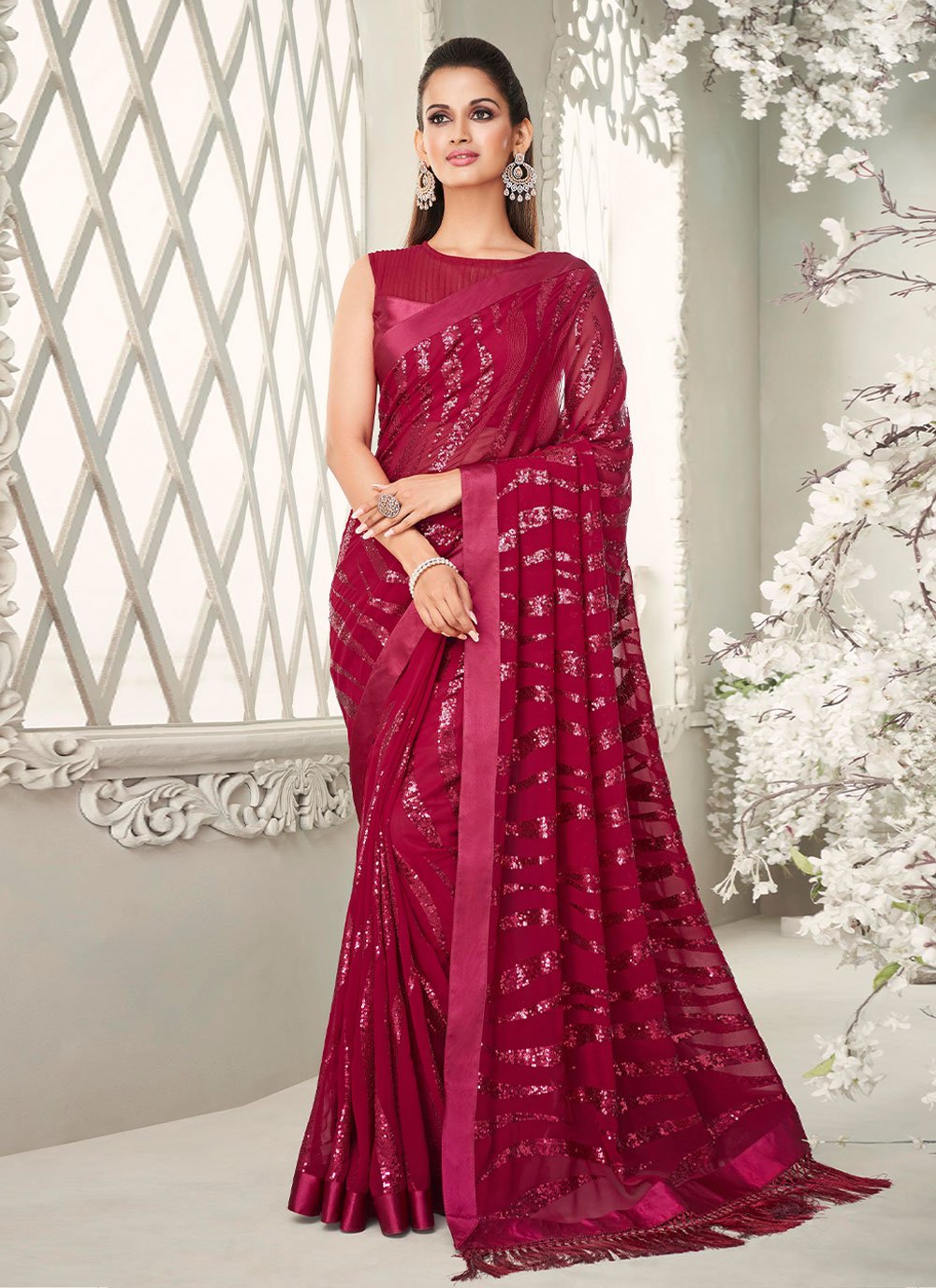 Contemporary Georgette Red Fancy Work Saree