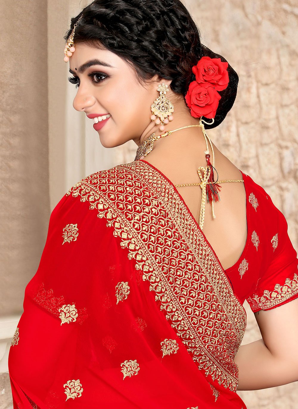 Classic Georgette Red Embroidered Saree