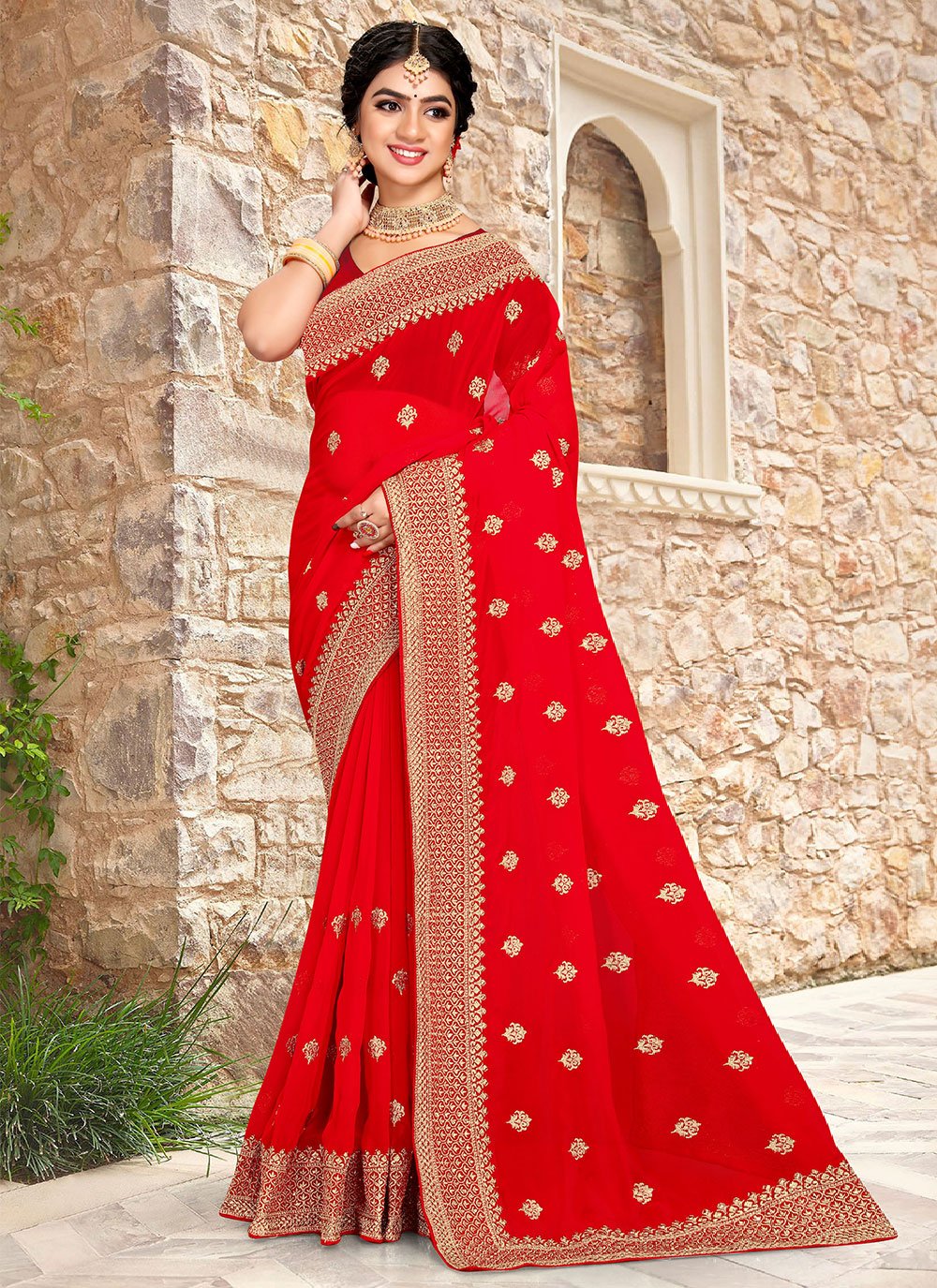 Classic Georgette Red Embroidered Saree