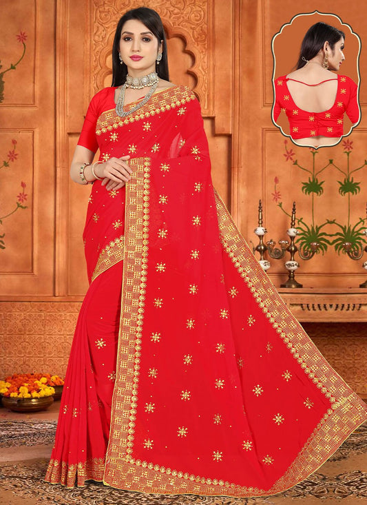 Classic Georgette Red Embroidered Saree