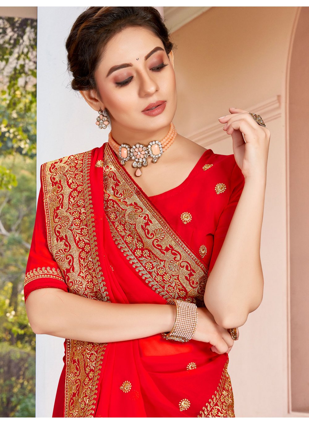 Classic Georgette Red Embroidered Saree