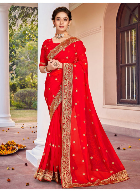 Classic Georgette Red Embroidered Saree