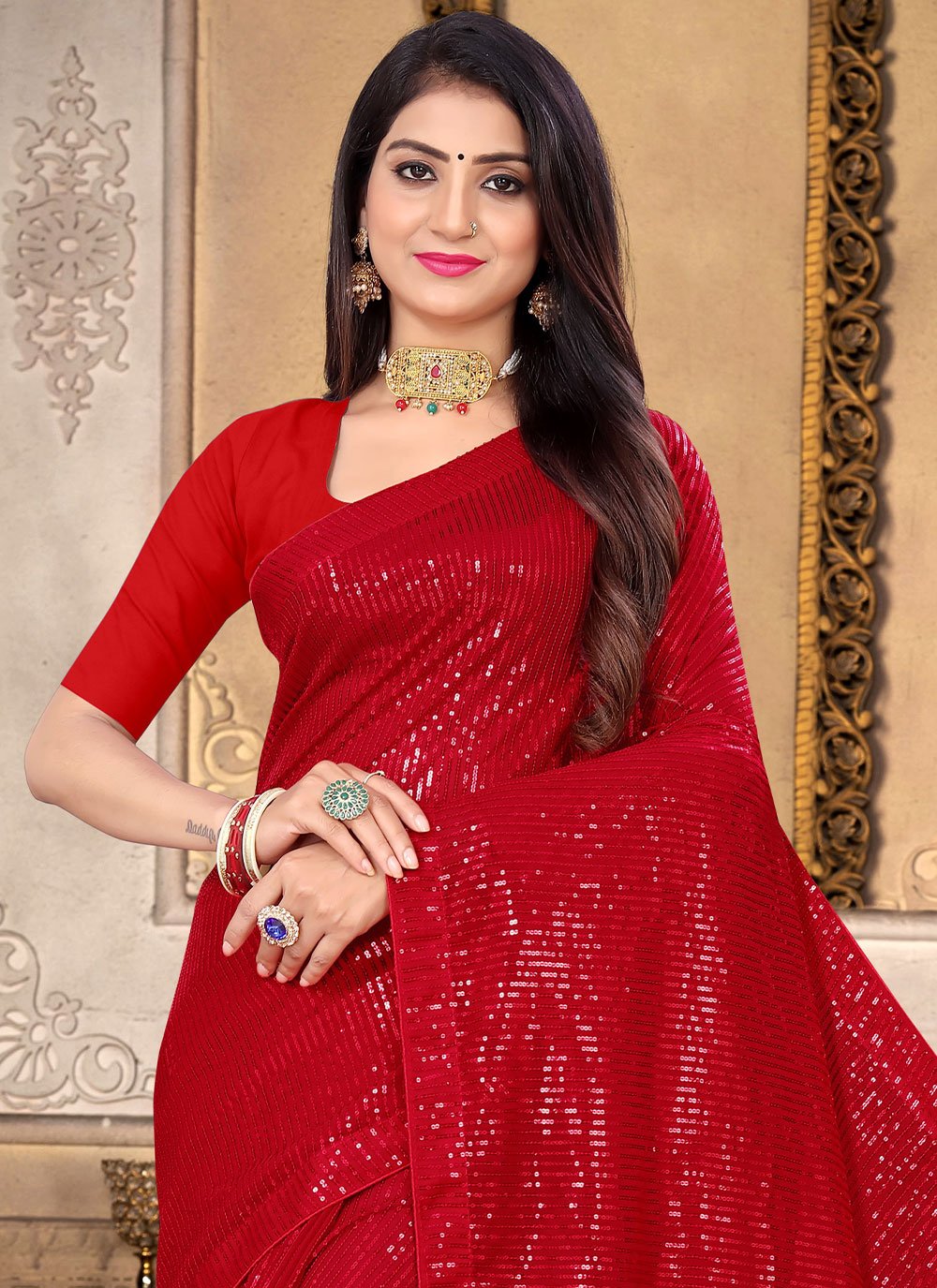 Contemporary Georgette Red Sequins Saree