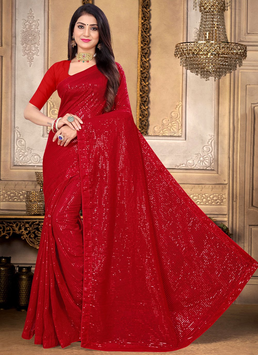 Contemporary Georgette Red Sequins Saree