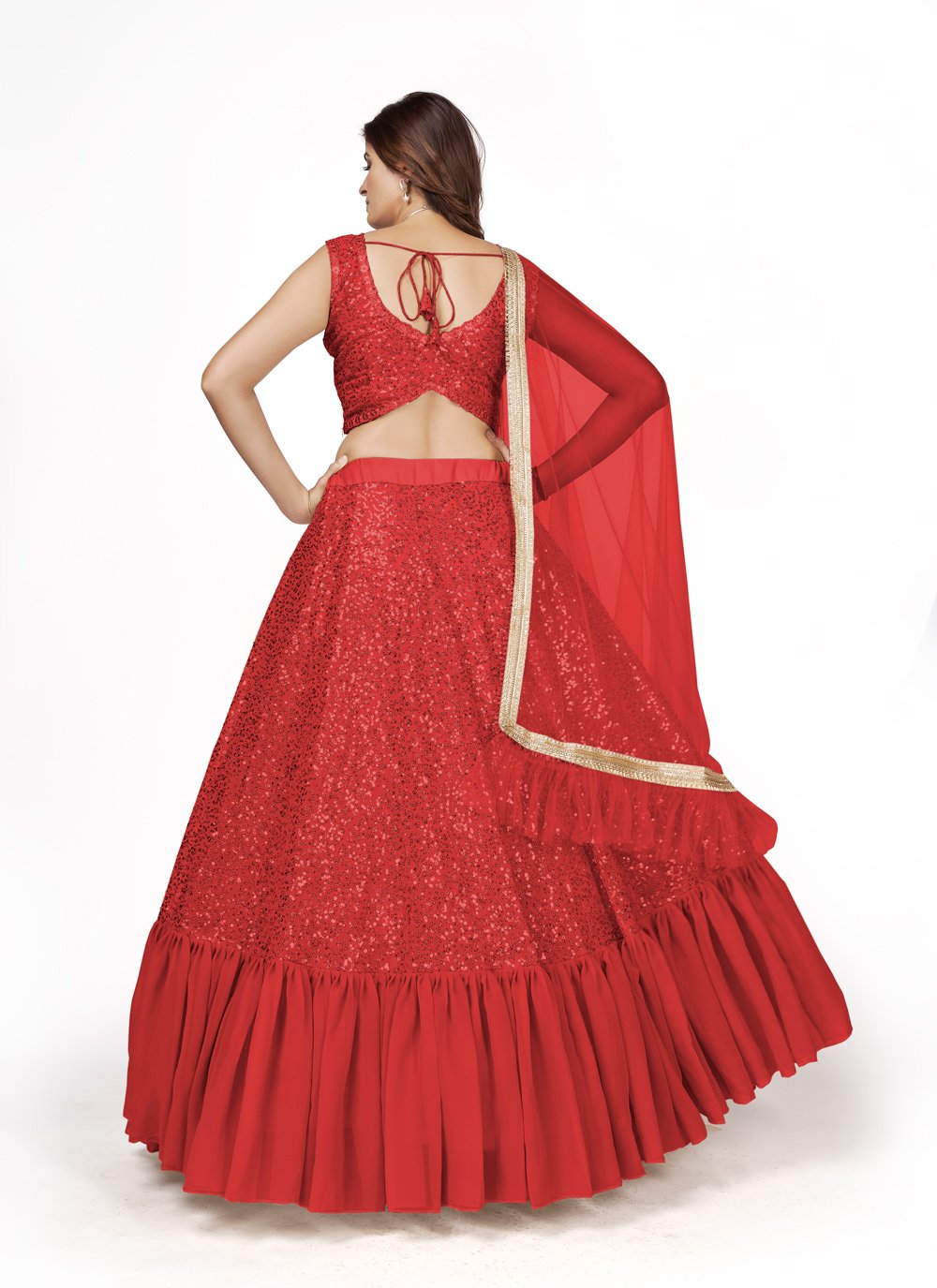 A Line Lehenga Georgette Red Embroidered Lehenga Choli