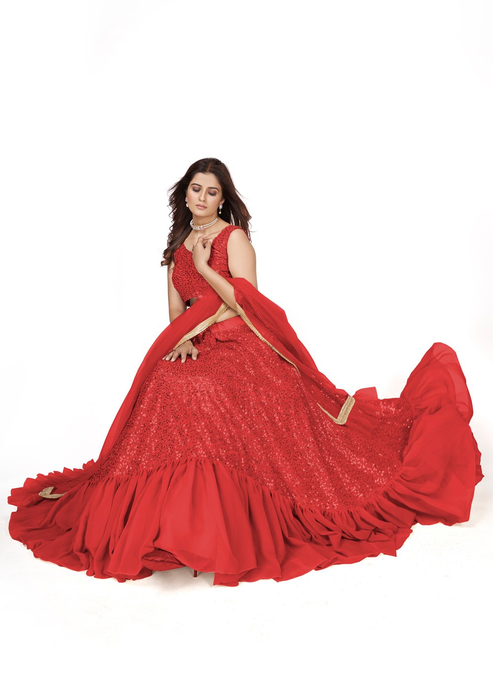 A Line Lehenga Georgette Red Embroidered Lehenga Choli