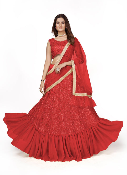 A Line Lehenga Georgette Red Embroidered Lehenga Choli