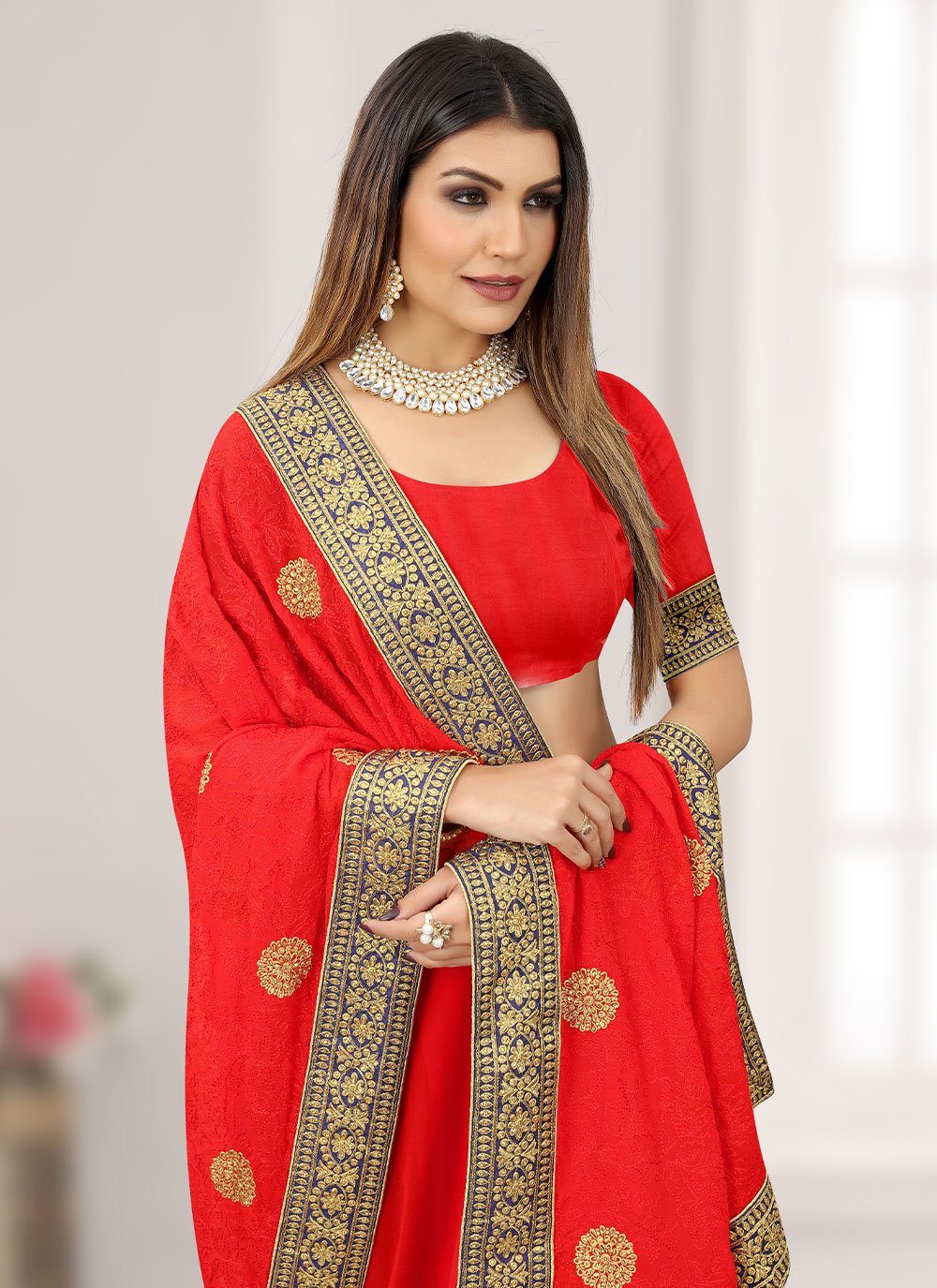 Designer Georgette Red Embroidered Saree