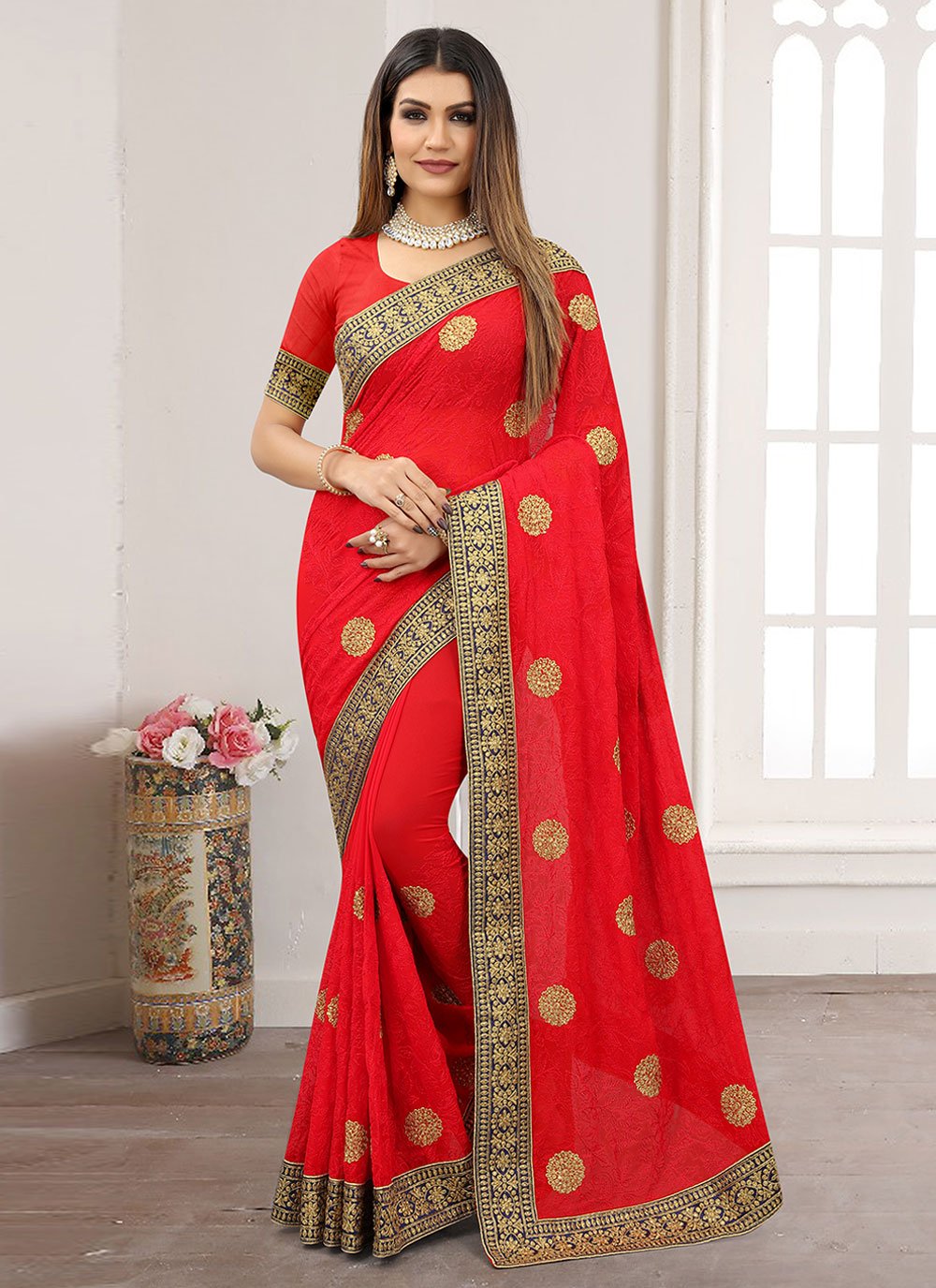 Designer Georgette Red Embroidered Saree