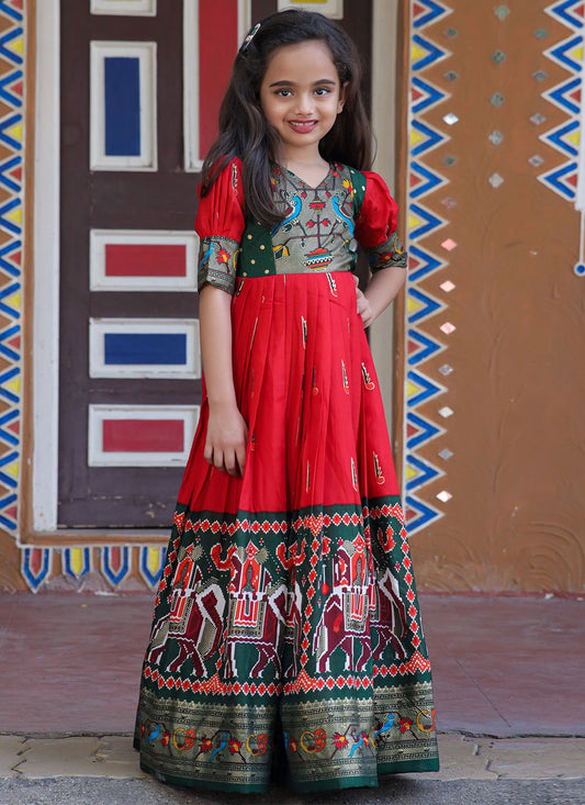 Gown Pure Dola Silk Red Foil Print Kids