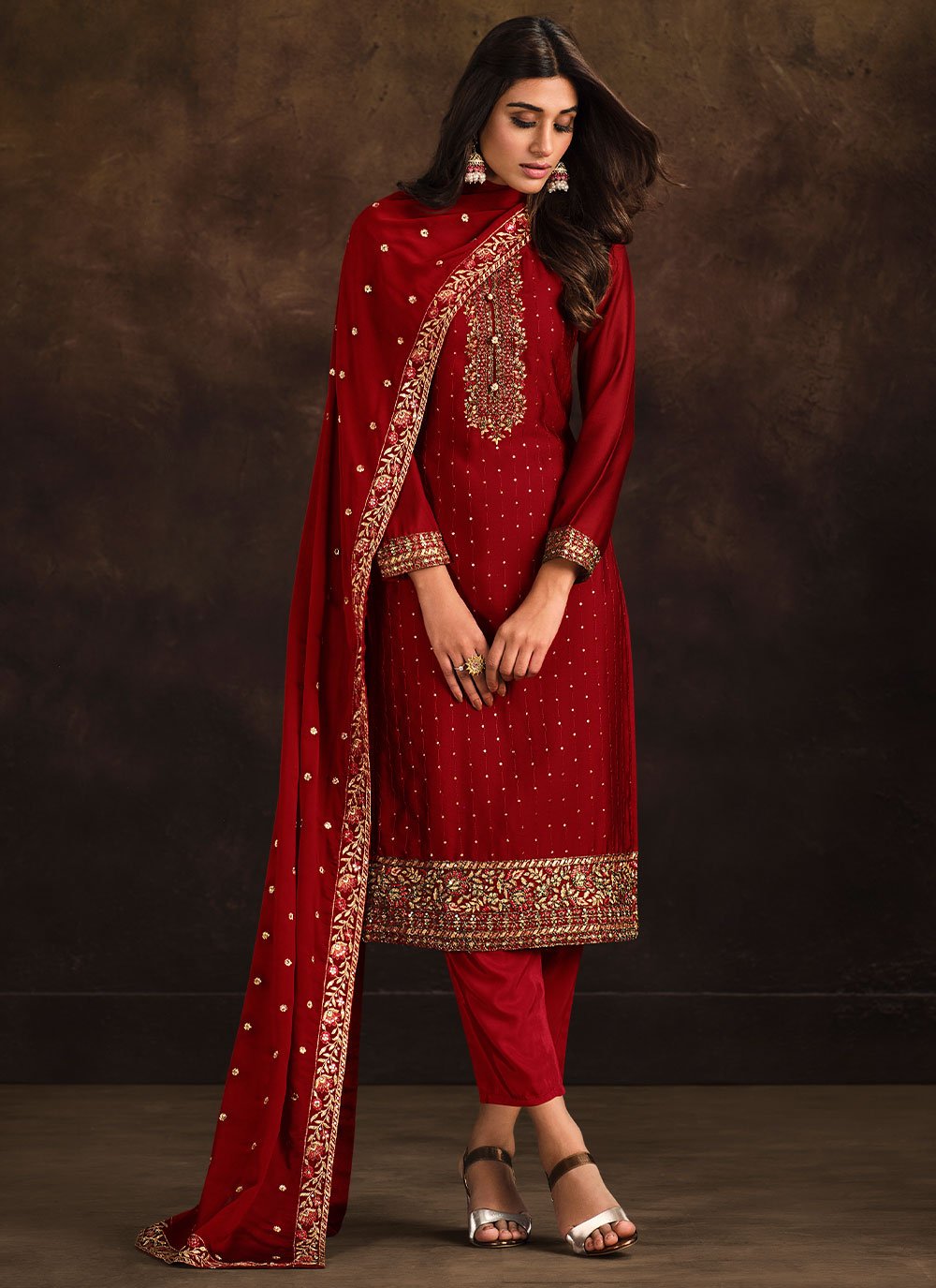 Salwar Suit Georgette Red Embroidered Salwar Kameez Kajols Indian Pakistani Fashion Tailoring