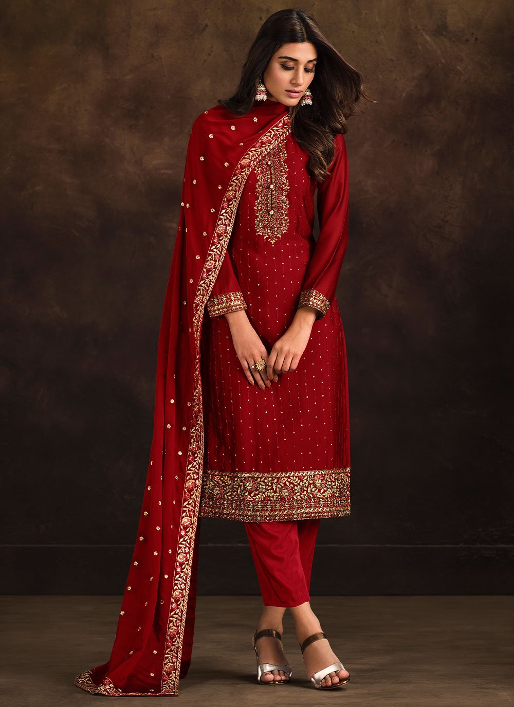 Salwar Suit Georgette Red Embroidered Salwar Kameez