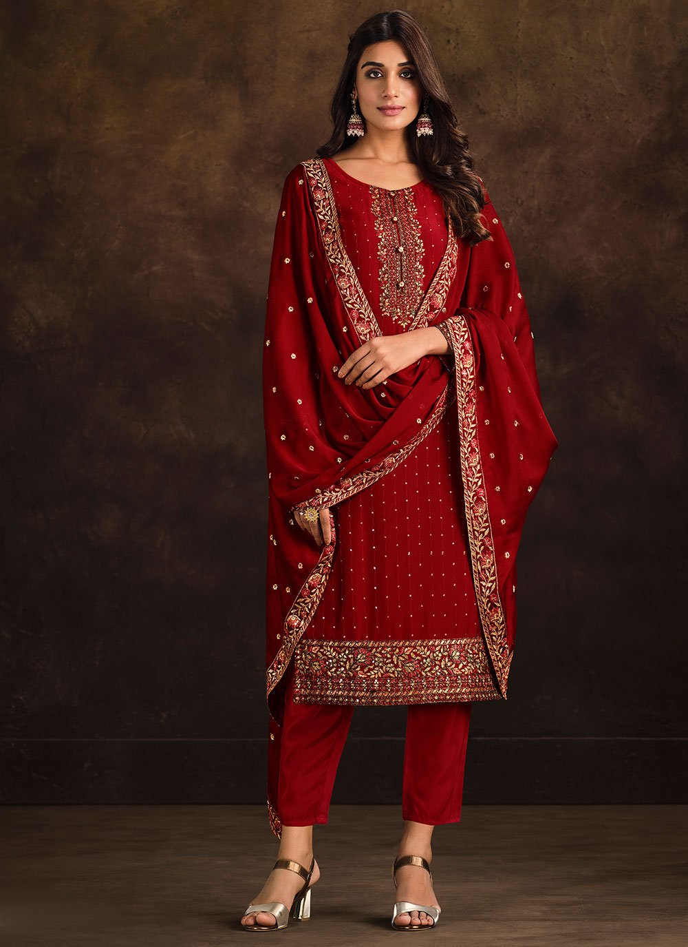 Salwar Suit Georgette Red Embroidered Salwar Kameez