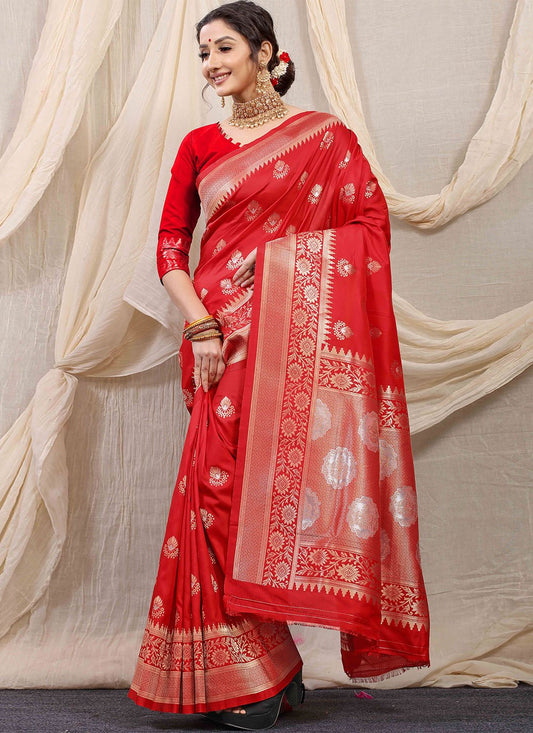 Classic Banarasi Silk Red Jacquard Work Saree