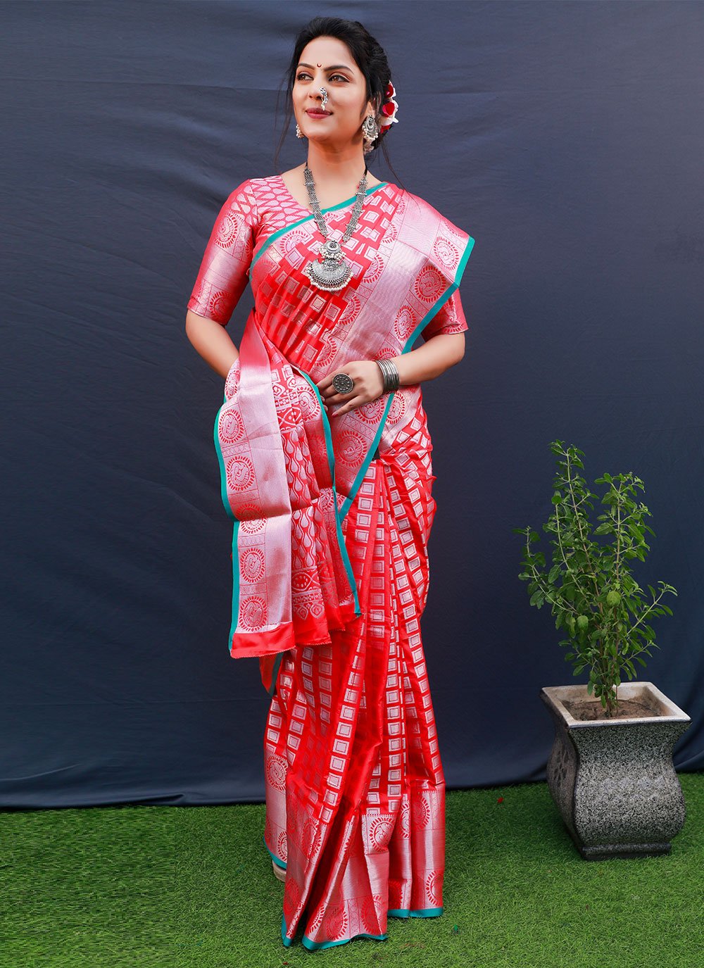 Traditional Saree Kanchipuram Silk Red Jacquard Work Saree