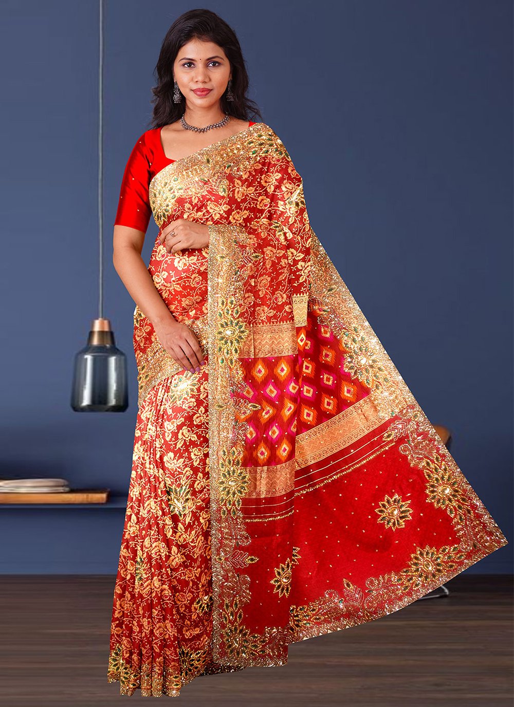 Designer Kanjivaram Silk Red Embroidered Saree