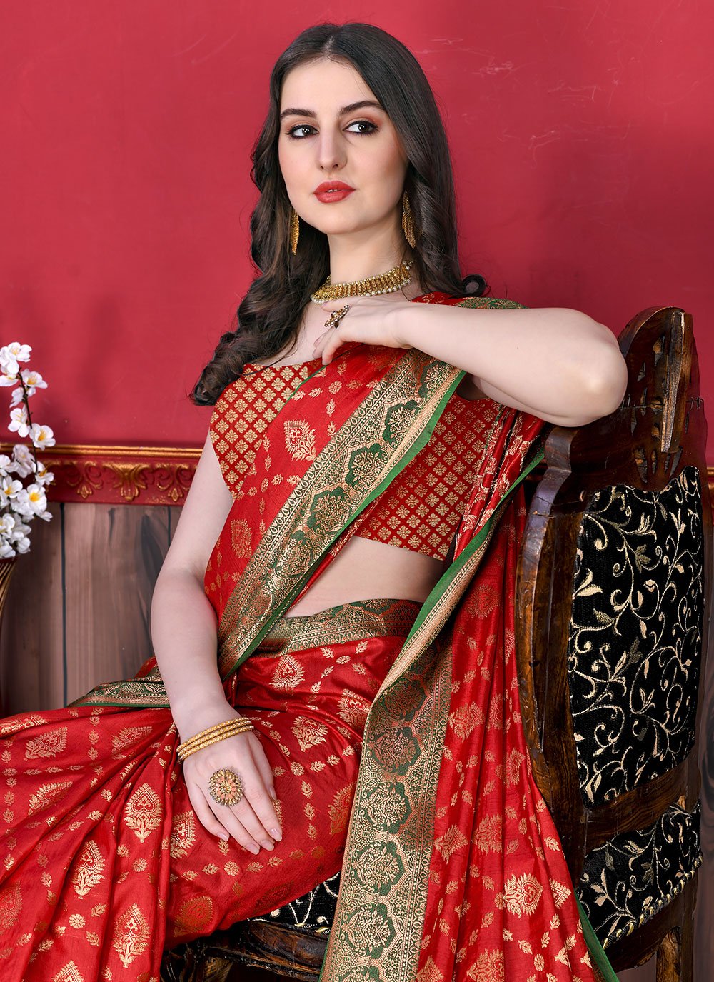 Contemporary Katan Silk Red Patch Border Saree