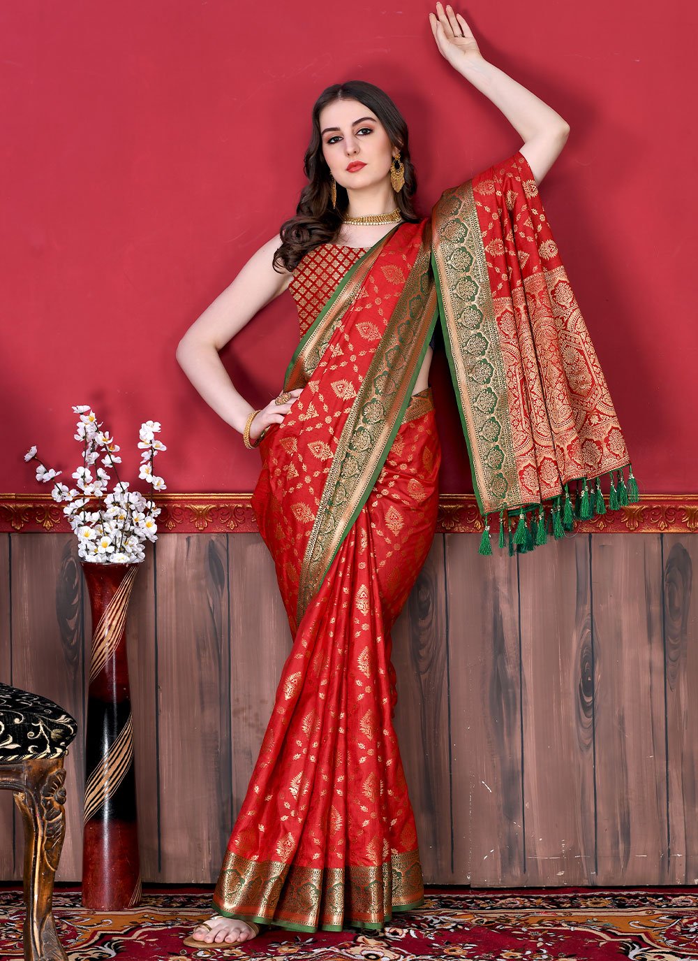 Contemporary Katan Silk Red Patch Border Saree