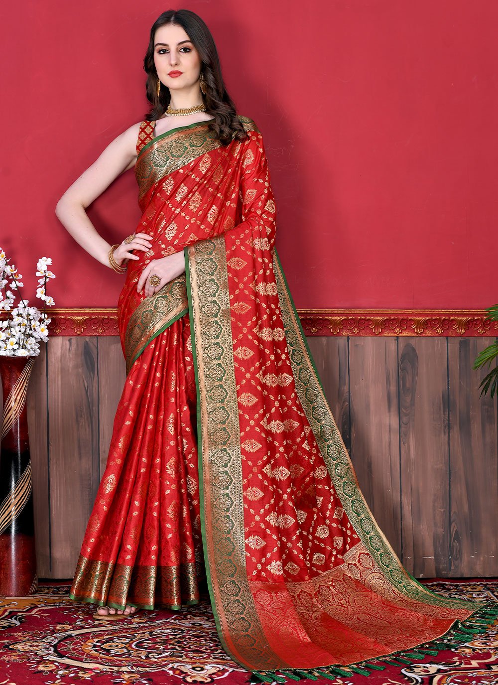 Contemporary Katan Silk Red Patch Border Saree