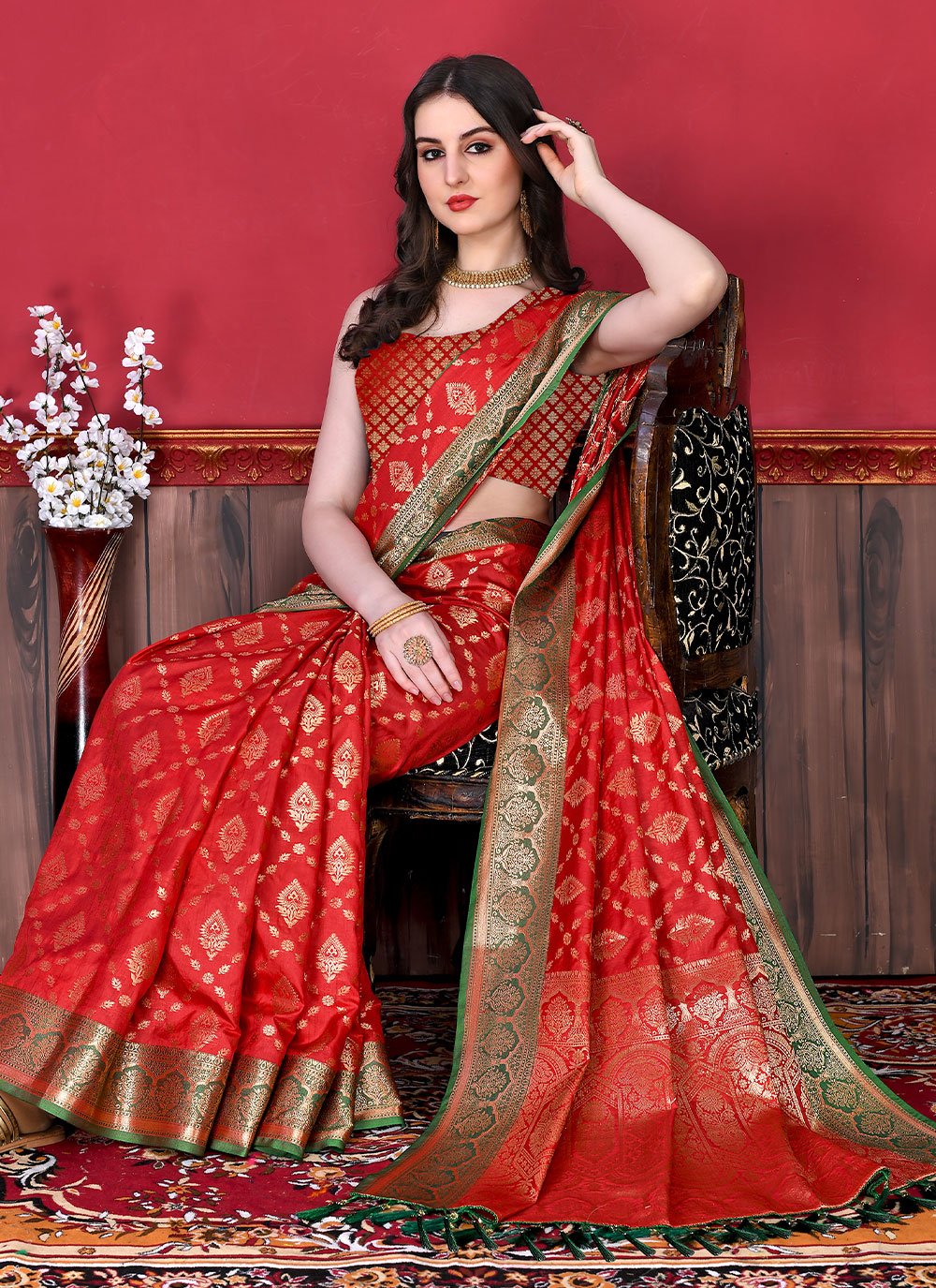 Contemporary Katan Silk Red Patch Border Saree