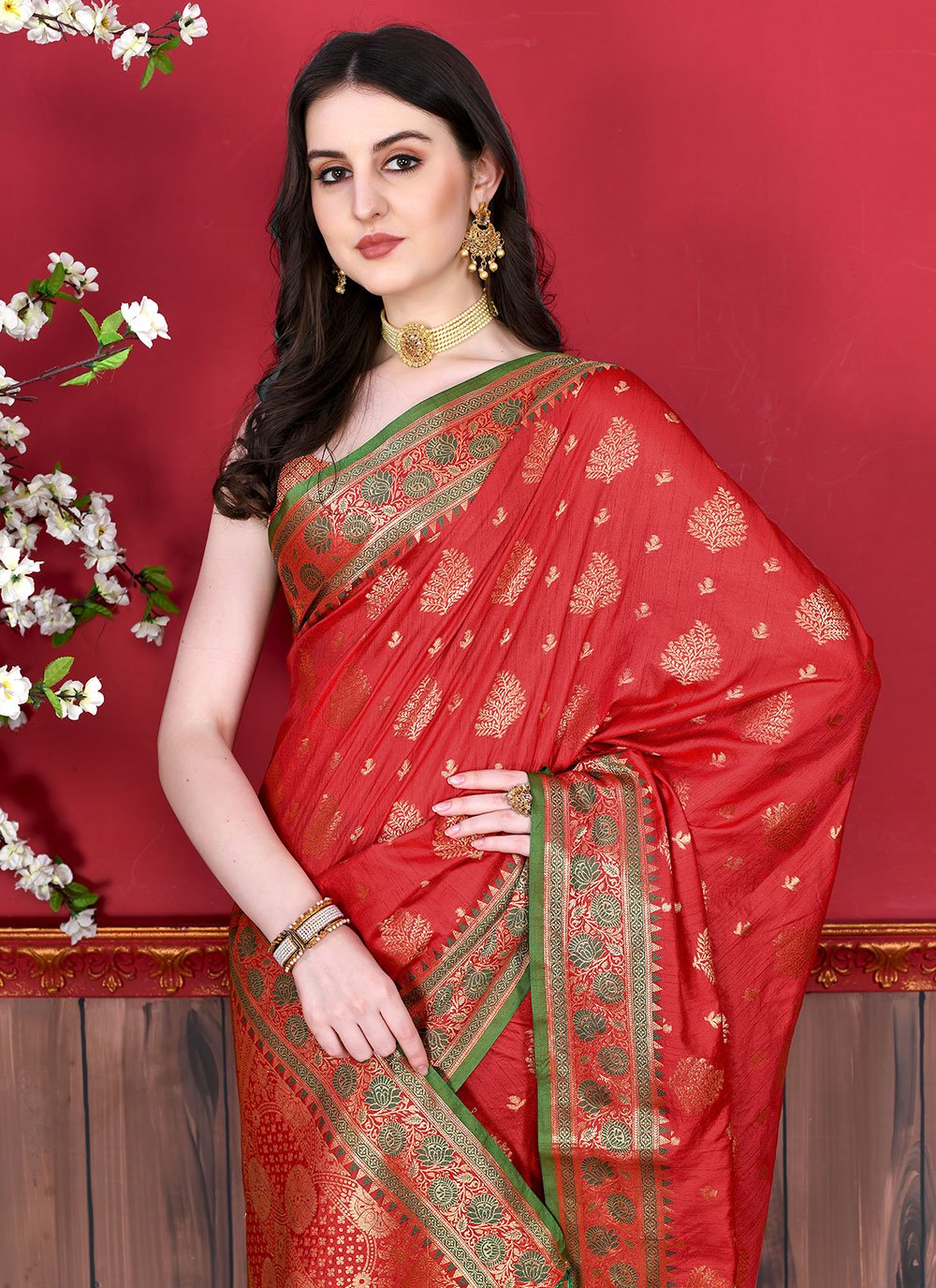 Trendy Saree Katan Silk Red Patch Border Saree