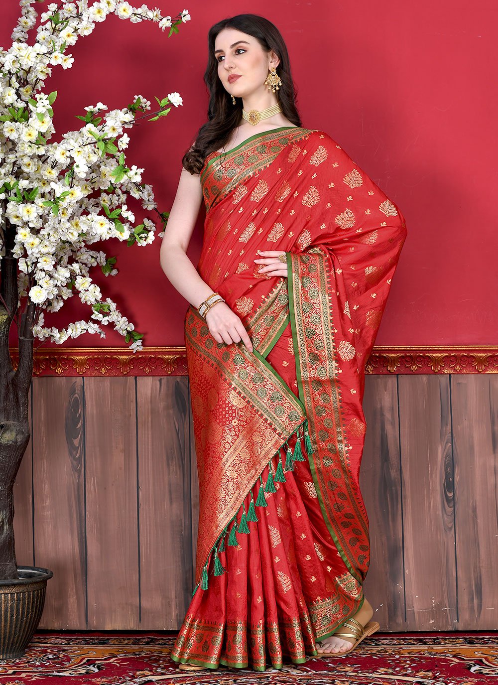 Trendy Saree Katan Silk Red Patch Border Saree