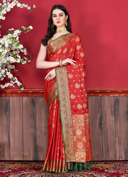 Trendy Saree Katan Silk Red Patch Border Saree