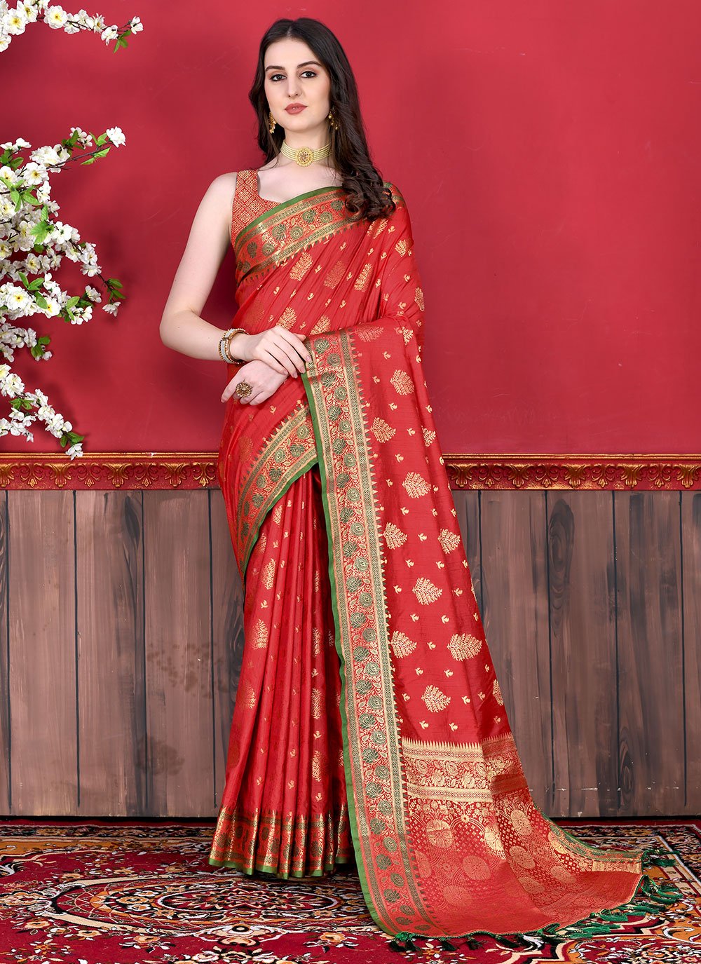 Trendy Saree Katan Silk Red Patch Border Saree