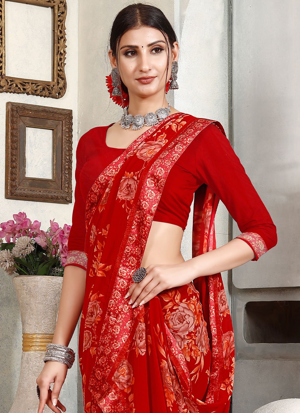 Classic Satin Red Lace Saree