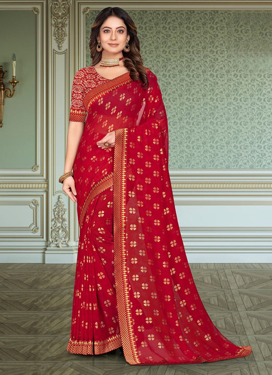 Contemporary Georgette Red Fancy Work Saree