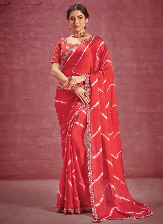 Designer Georgette Satin Silk Red Embroidered Saree