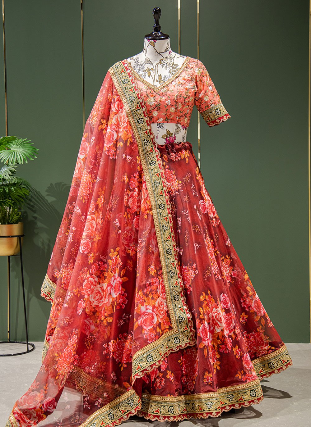 Lehenga Choli Organza Red Embroidered Lehenga Choli