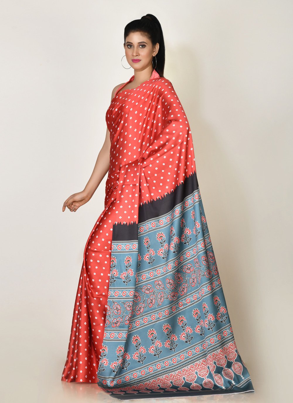 Designer Satin Red Digital Print Saree