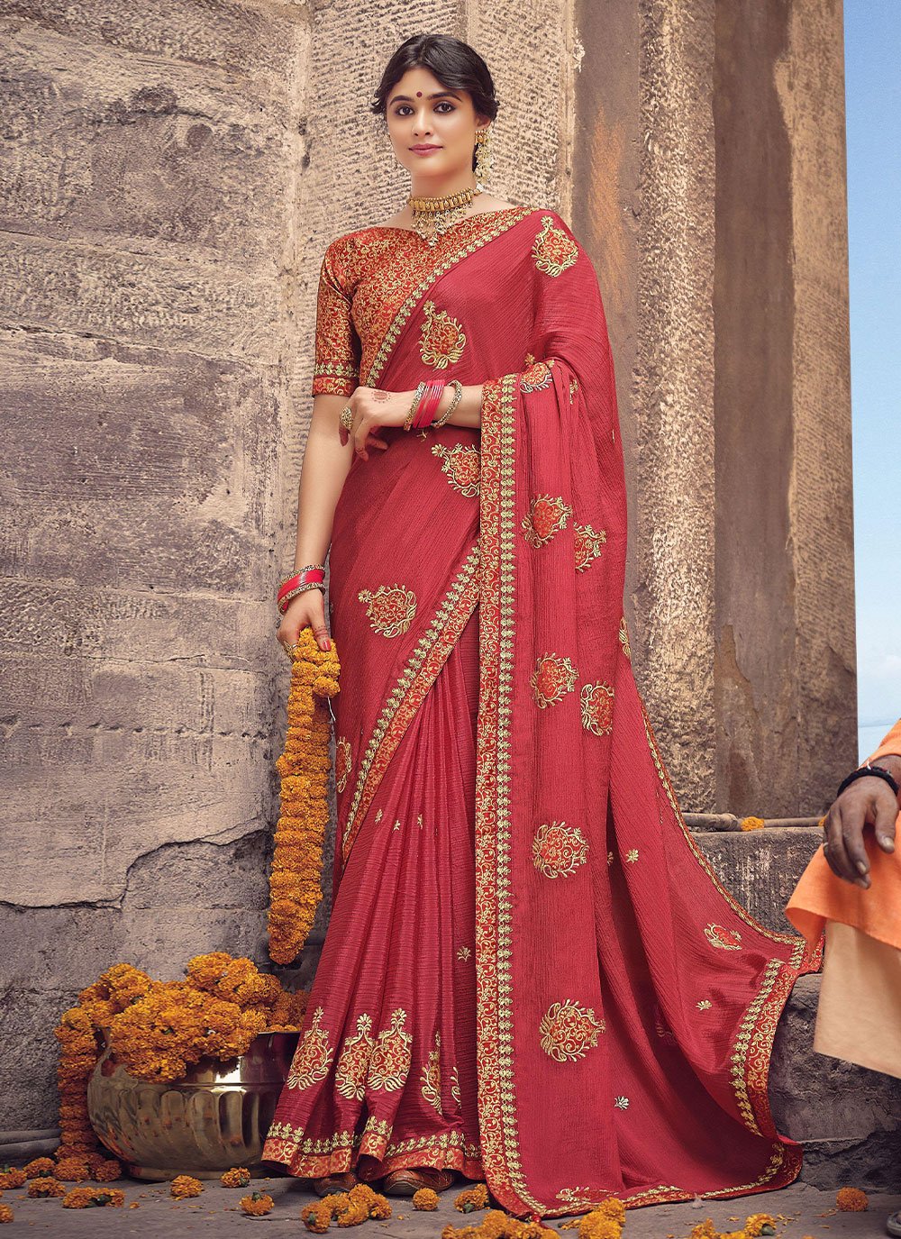 Trendy Saree Chinon Red Embroidered Saree