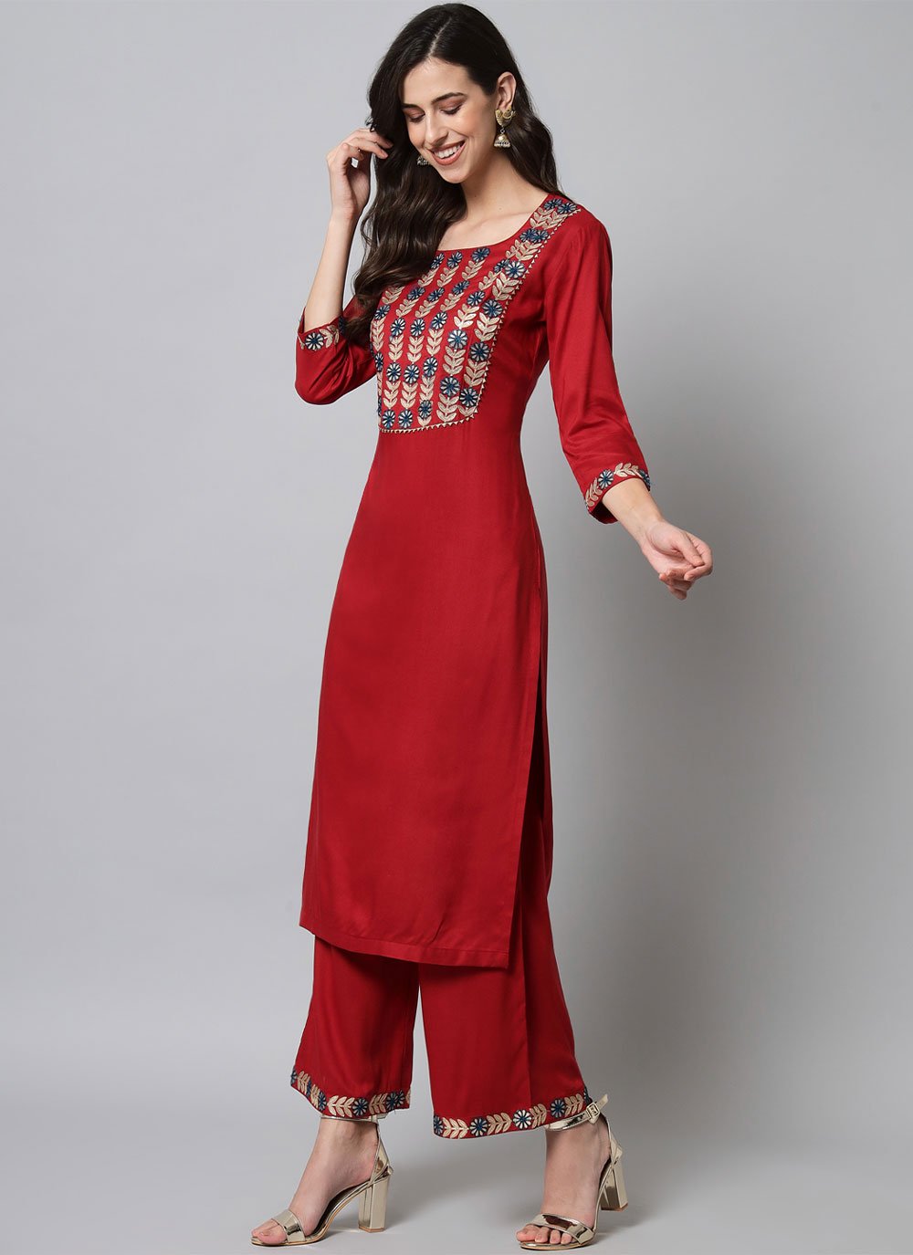 Designer Kurti Rayon Viscose Red Embroidered Kurtis